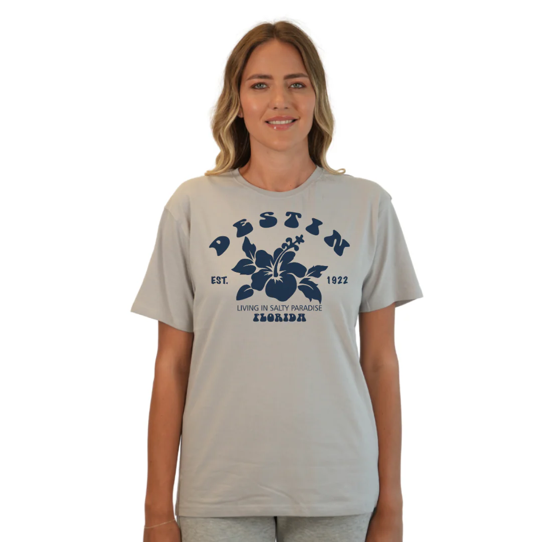 Destin Florida Combed Cotton Women T-Shirt with a Big Front Hibiscus Flower Design Style CC1000 - Image 9
