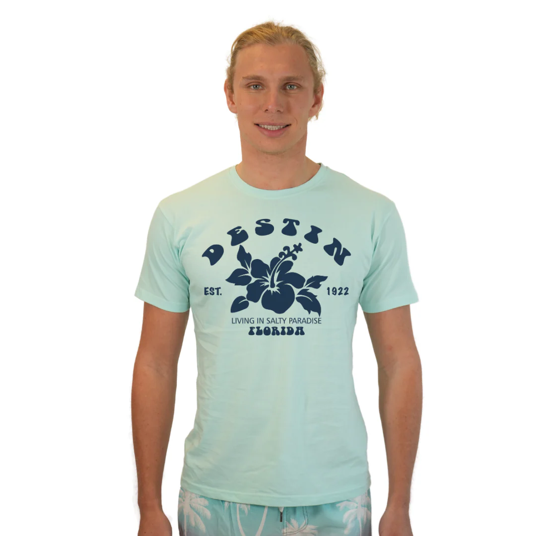 Destin Florida Combed Cotton Men T-Shirt with a Big Front Hibiscus Flower Design Style CC1000 - Image 2