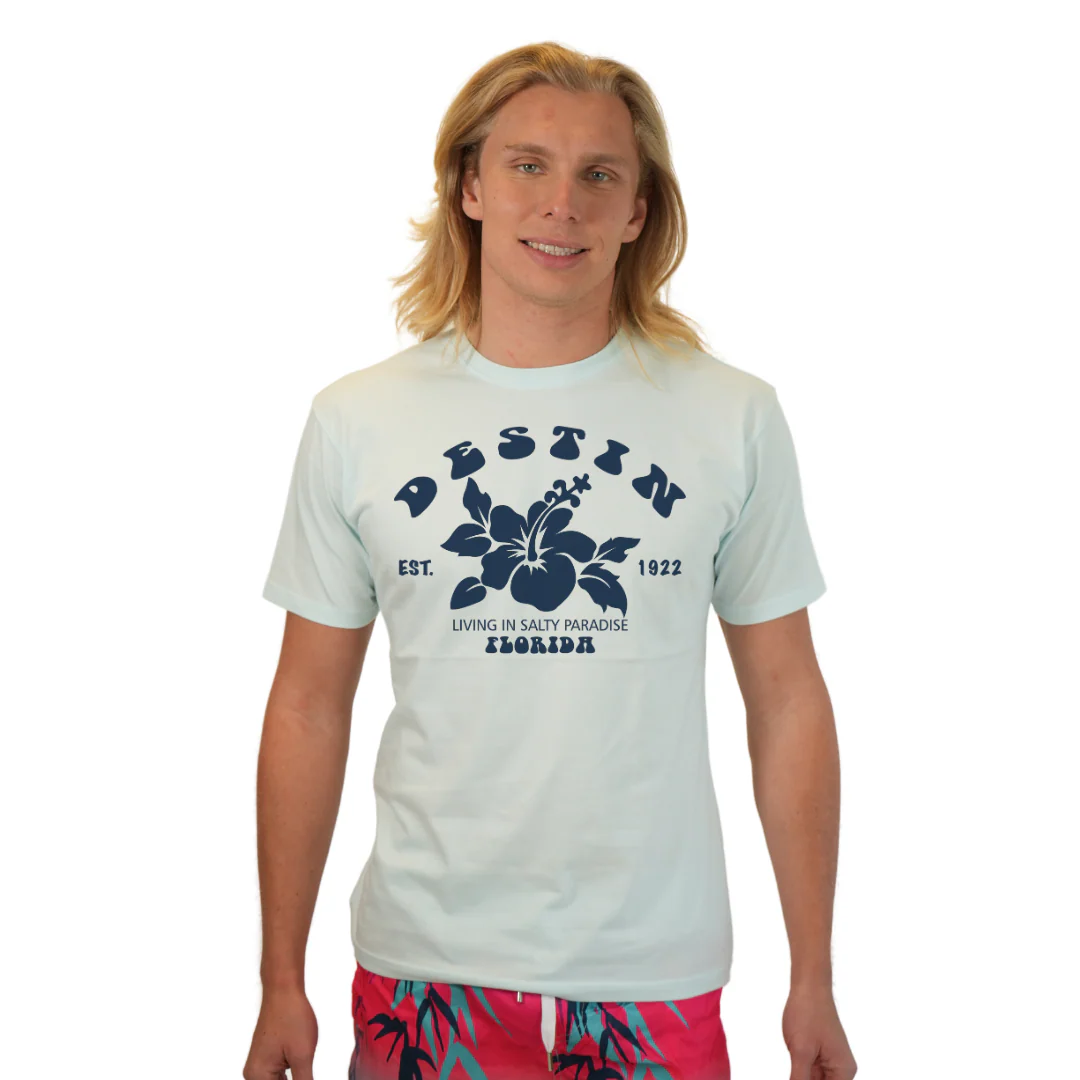 Destin Florida Combed Cotton Men T-Shirt with a Big Front Hibiscus Flower Design Style CC1000 - Image 3