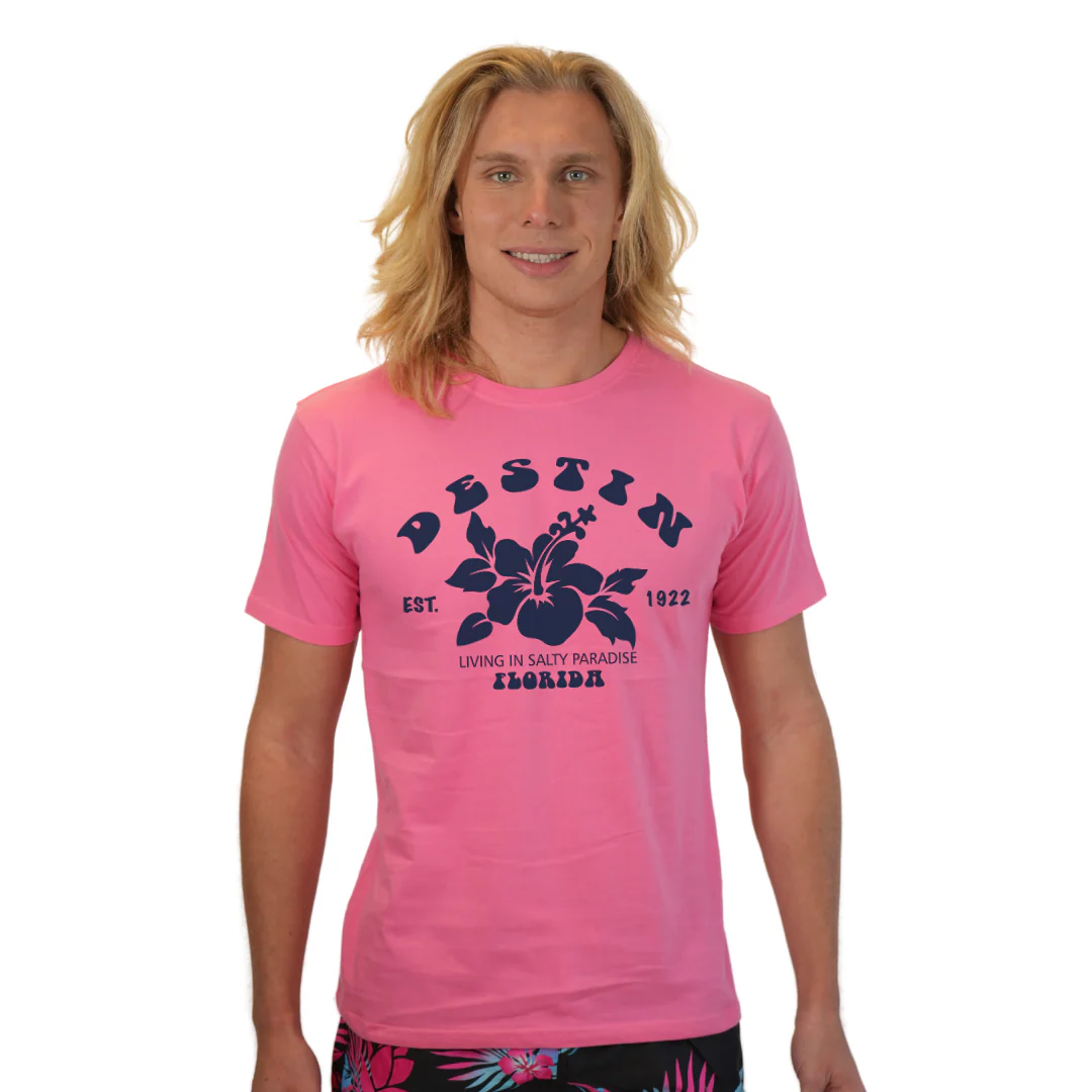 Destin Florida Combed Cotton Men T-Shirt with a Big Front Hibiscus Flower Design Style CC1000 - Image 5