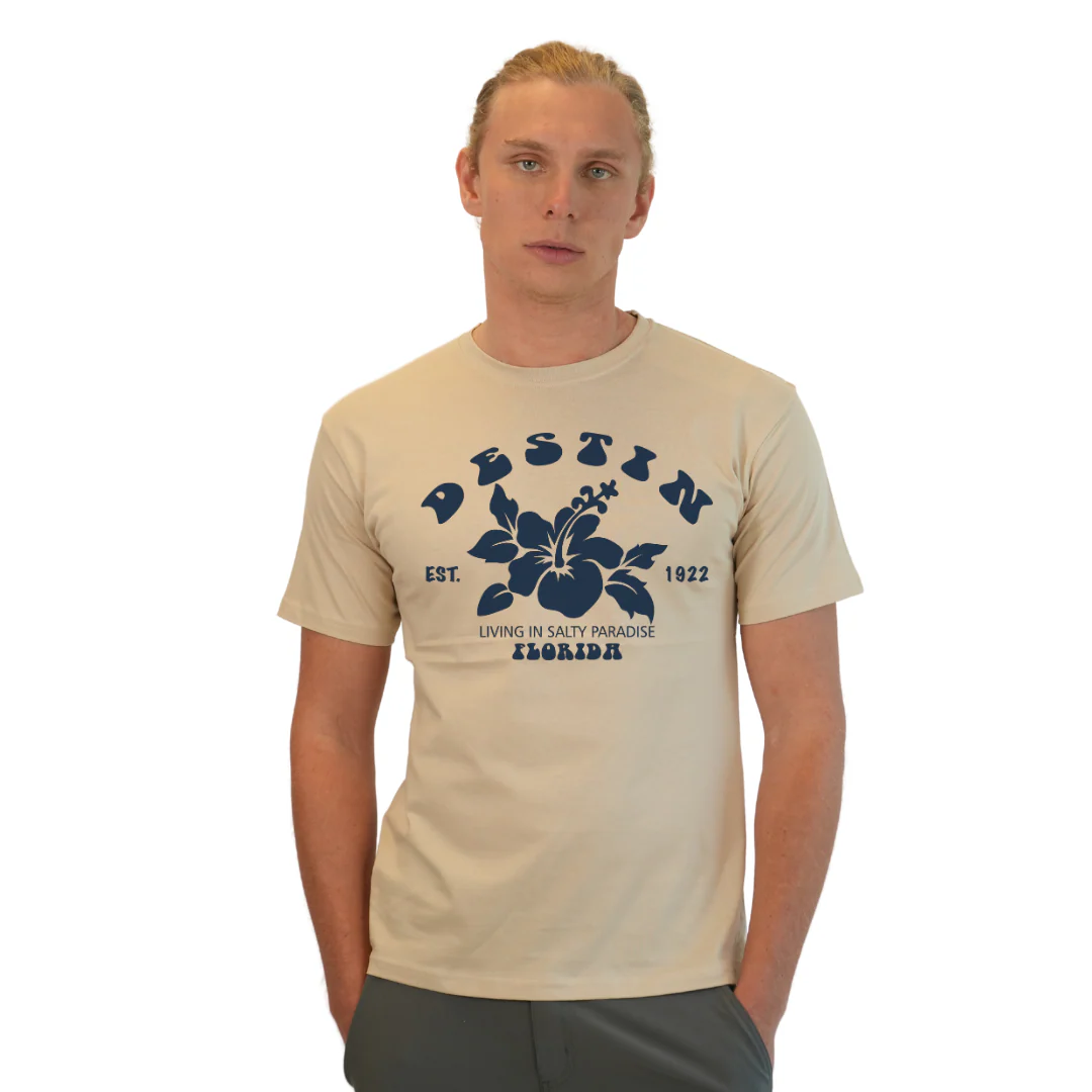 Destin Florida Combed Cotton Men T-Shirt with a Big Front Hibiscus Flower Design Style CC1000 - Image 6