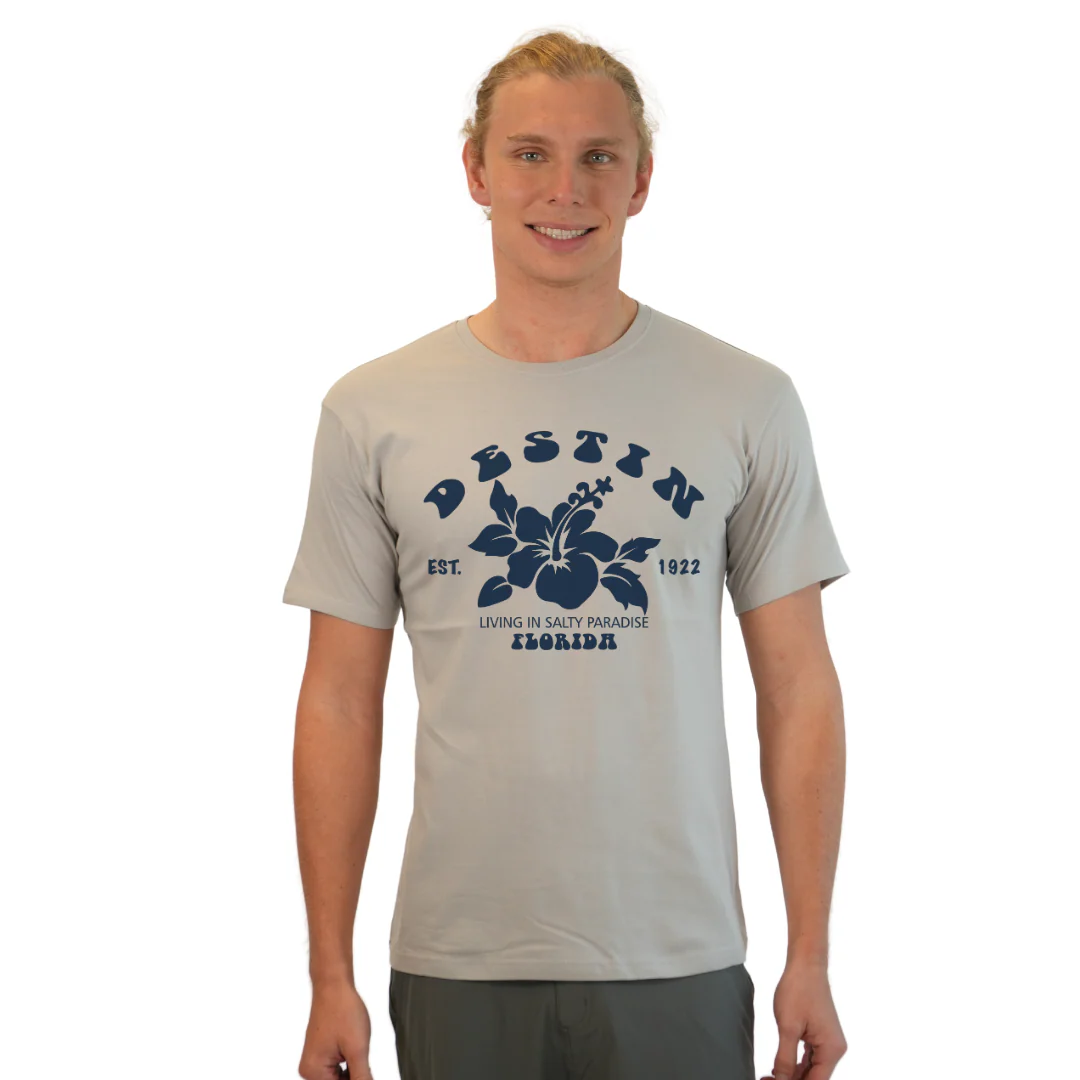 Destin Florida Combed Cotton Men T-Shirt with a Big Front Hibiscus Flower Design Style CC1000 - Image 9