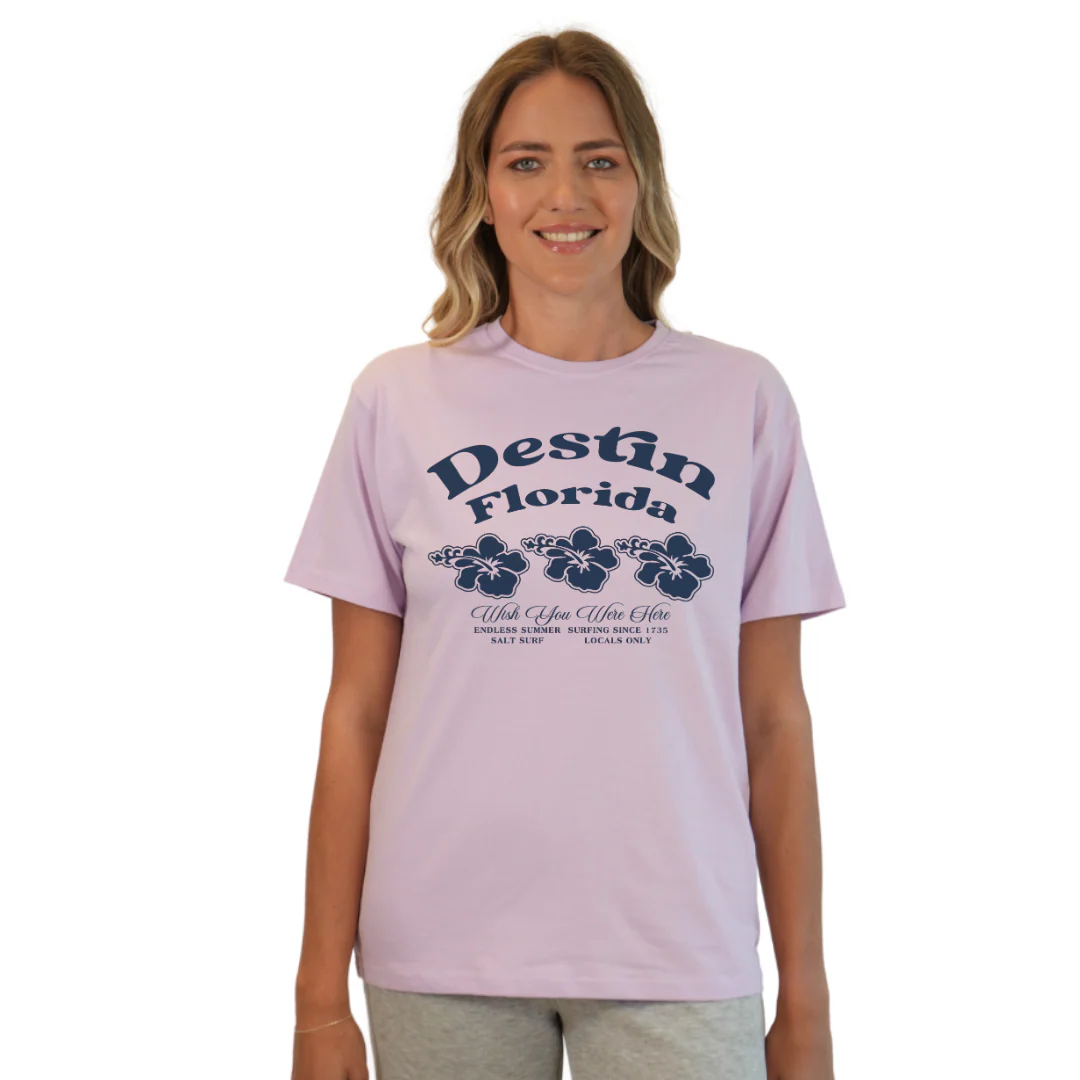 Destin Florida Combed Cotton Women T-Shirt with a Front 3 Hibiscus Flower Design Style CC1000 - Image 10
