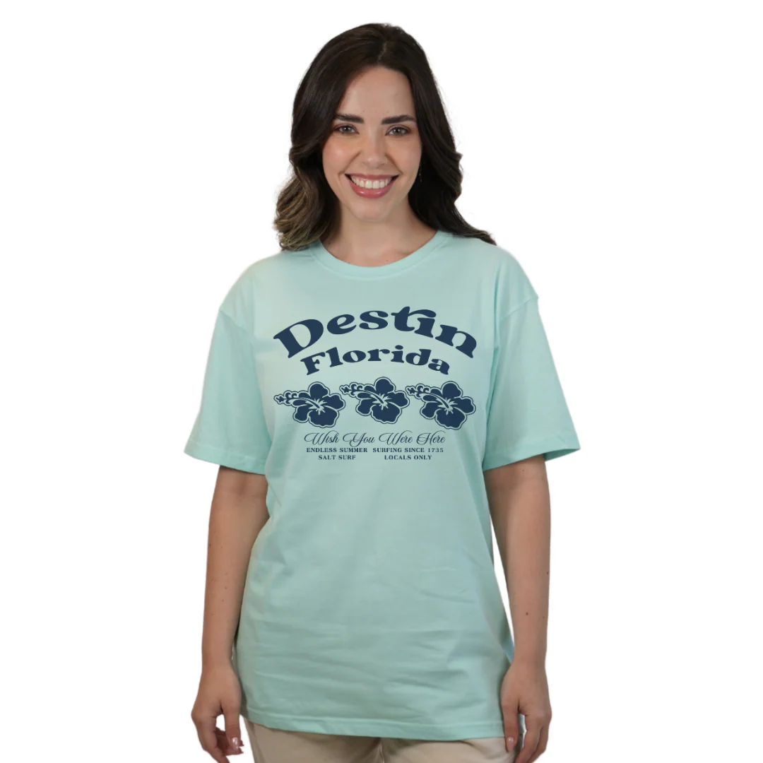 Destin Florida Combed Cotton Women T-Shirt with a Front 3 Hibiscus Flower Design Style CC1000 - Image 2