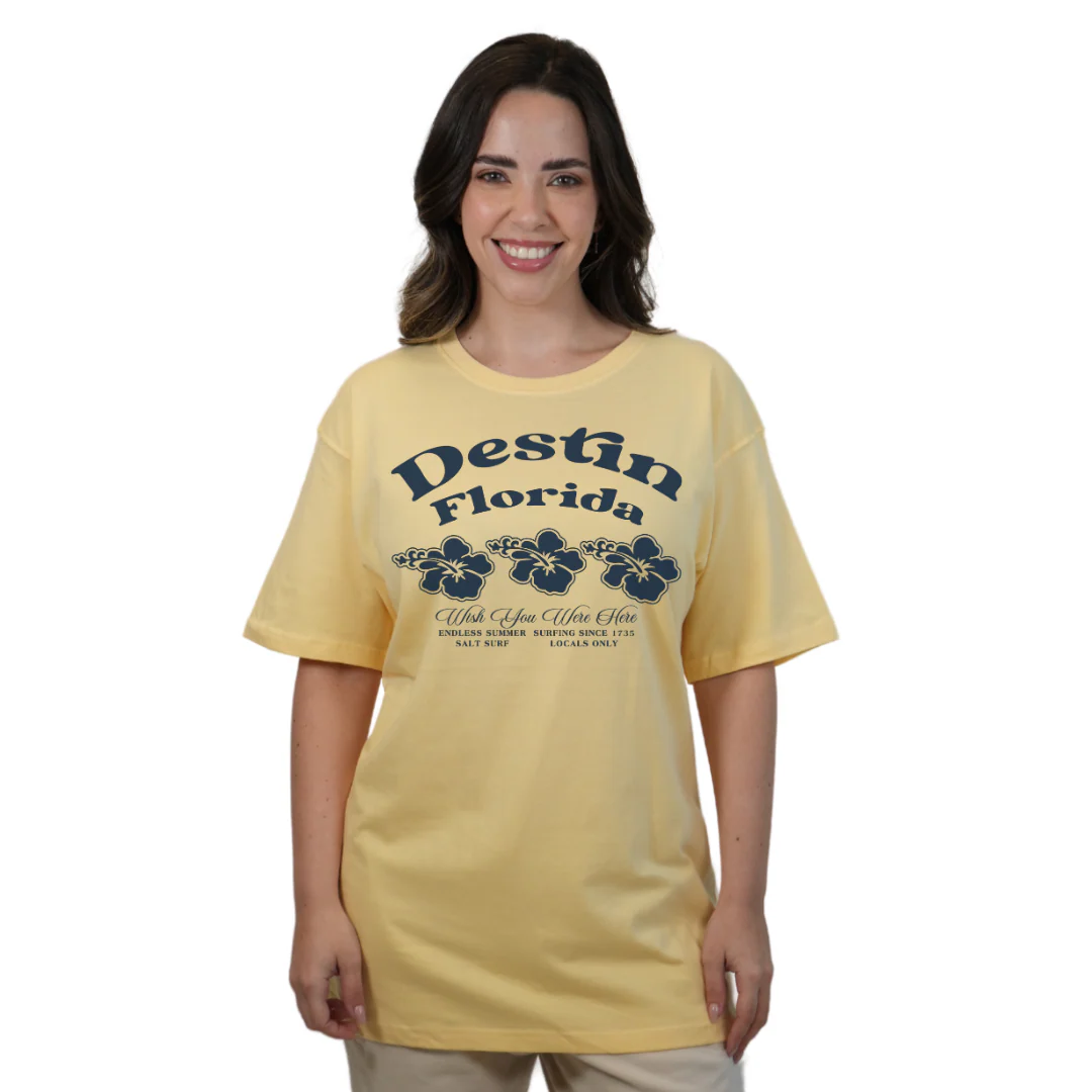 Destin Florida Combed Cotton Women T-Shirt with a Front 3 Hibiscus Flower Design Style CC1000 - Image 4
