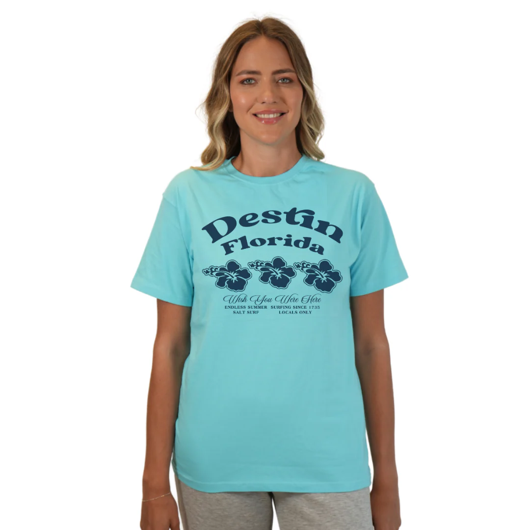 Destin Florida Combed Cotton Women T-Shirt with a Front 3 Hibiscus Flower Design Style CC1000 - Image 8