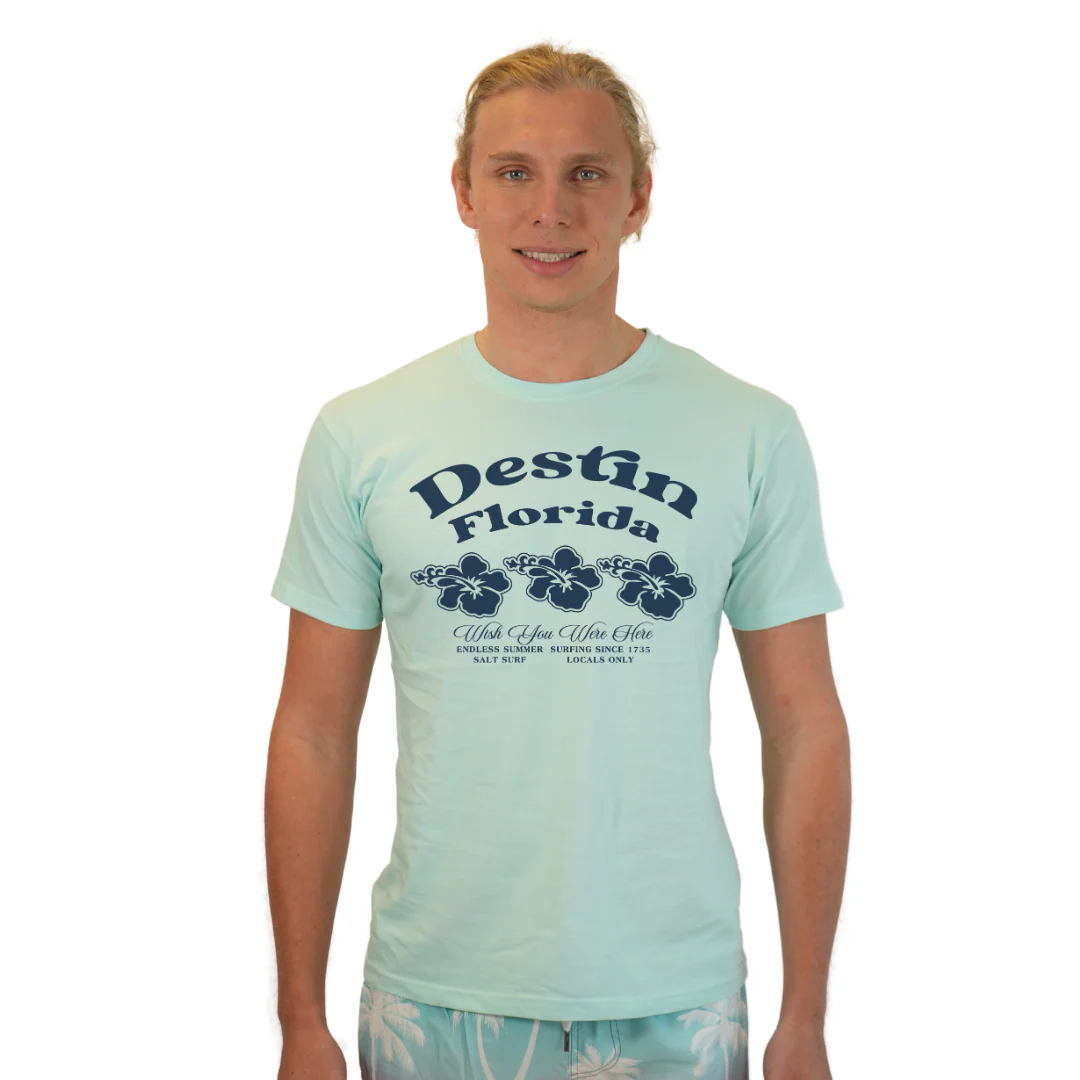 Destin Florida Combed Cotton Men T-Shirt with a Front 3 Hibiscus Flower Design Style CC1000 - Image 2