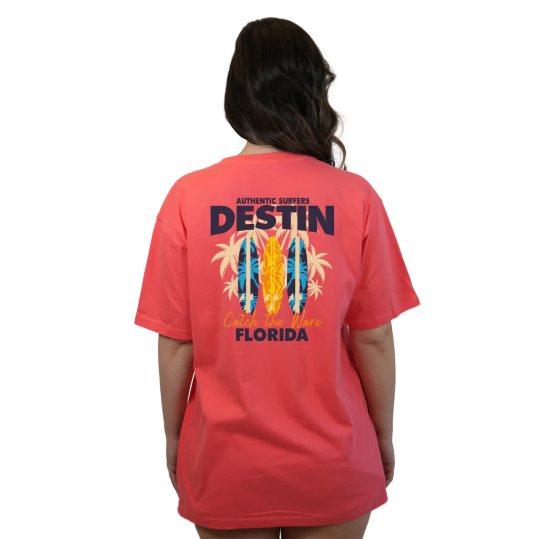 Destin Florida Combed Cotton Women T-Shirt with a Front Pocket Design and back big 3 Surf Boards Design Style CC1000 - Image 12