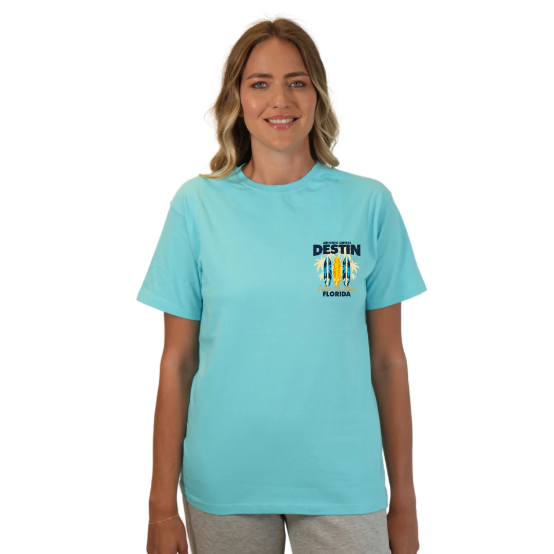 Destin Florida Combed Cotton Women T-Shirt with a Front Pocket Design and back big 3 Surf Boards Design Style CC1000 - Image 15