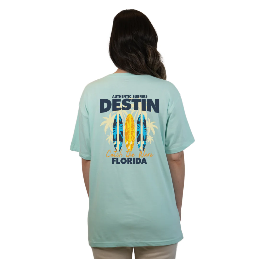 Destin Florida Combed Cotton Women T-Shirt with a Front Pocket Design and back big 3 Surf Boards Design Style CC1000 - Image 2