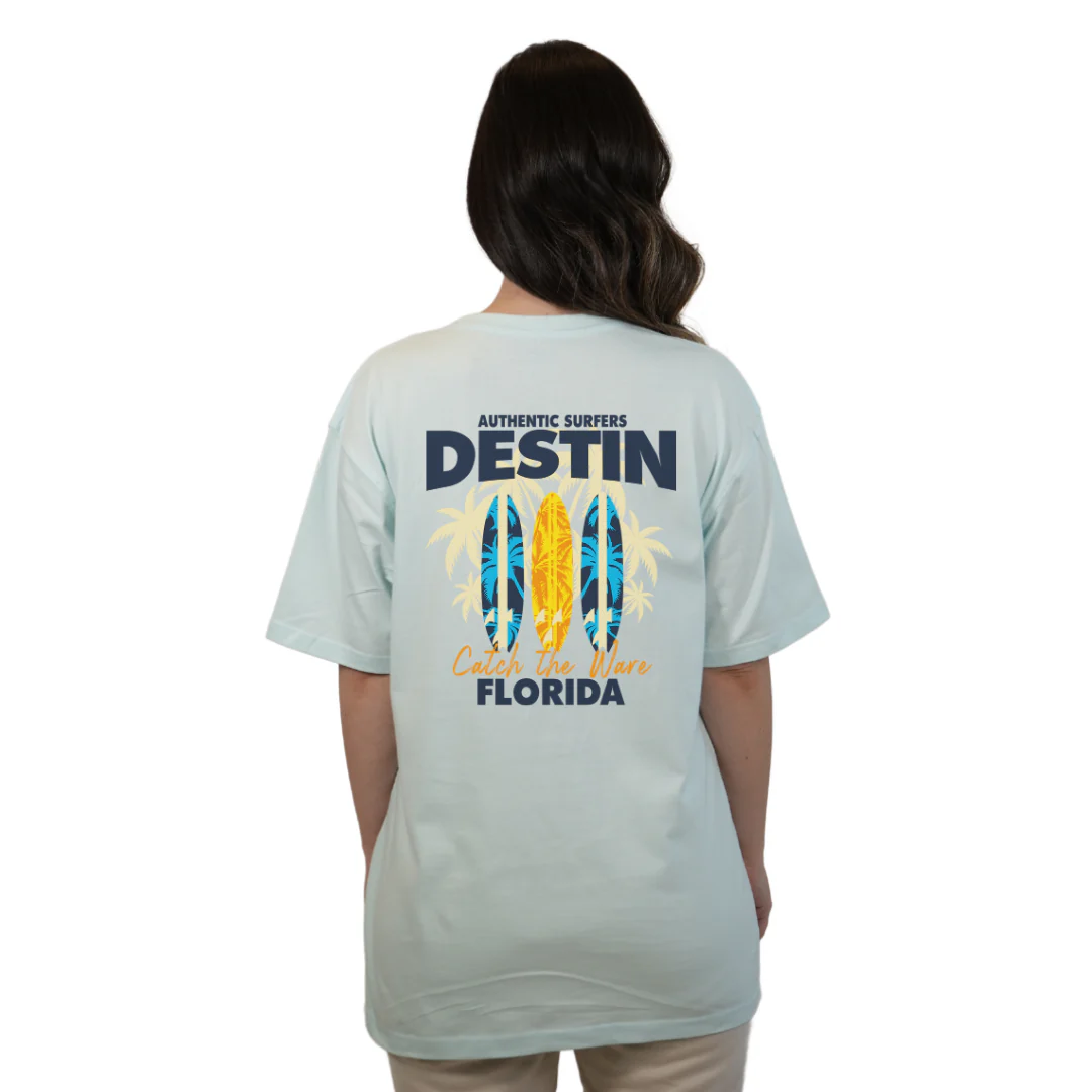 Destin Florida Combed Cotton Women T-Shirt with a Front Pocket Design and back big 3 Surf Boards Design Style CC1000 - Image 4