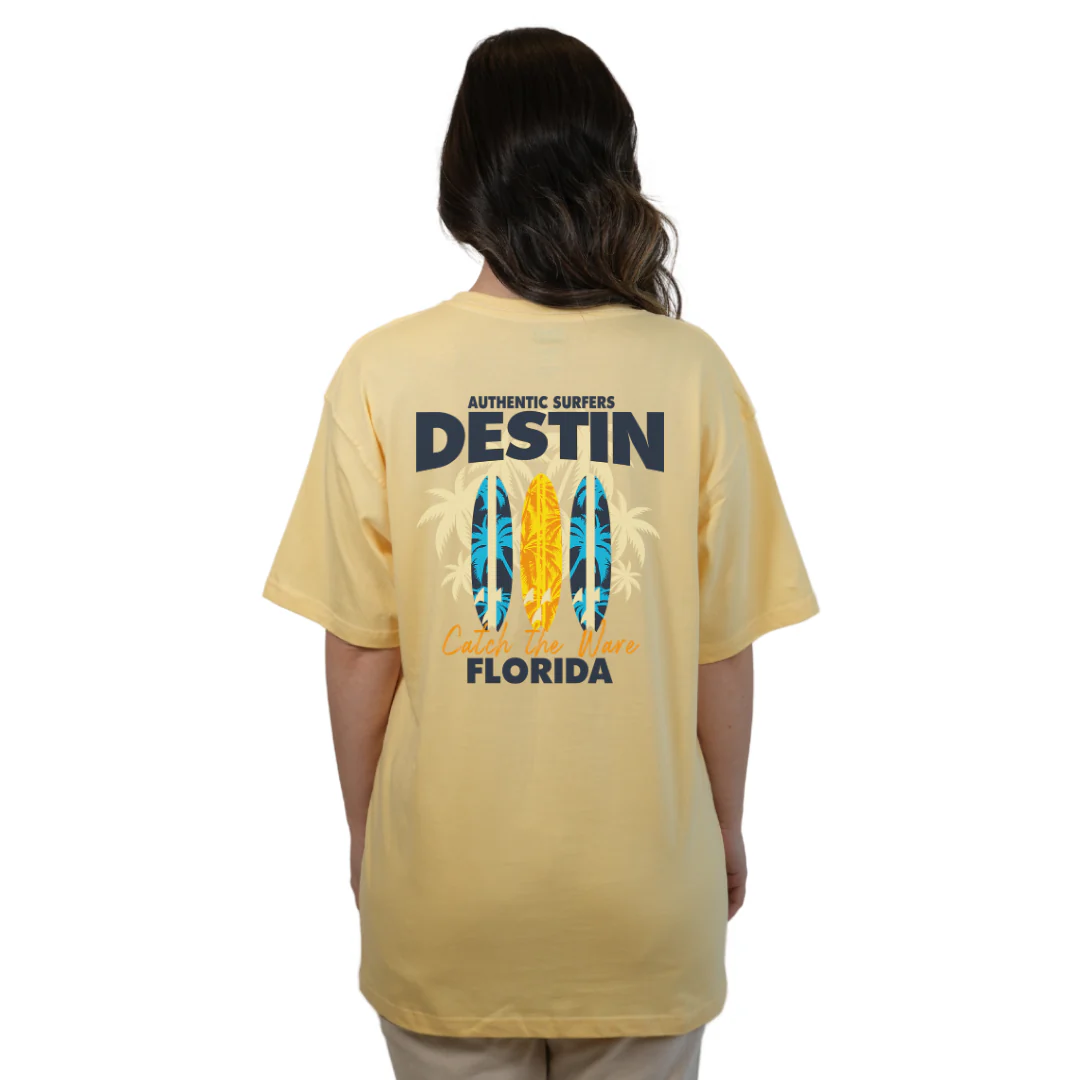 Destin Florida Combed Cotton Women T-Shirt with a Front Pocket Design and back big 3 Surf Boards Design Style CC1000 - Image 6
