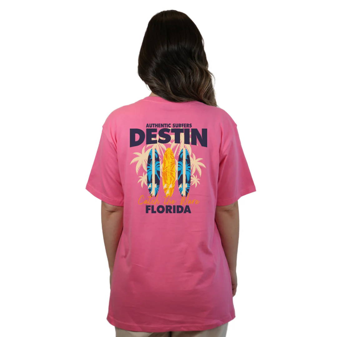 Destin Florida Combed Cotton Women T-Shirt with a Front Pocket Design and back big 3 Surf Boards Design Style CC1000 - Image 8