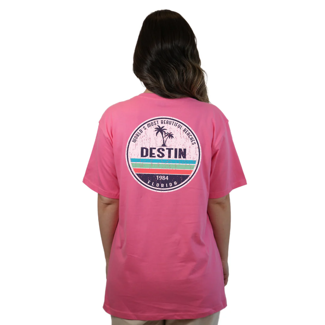 Destin Florida Combed Cotton Women T-Shirt with a Front Pocket Design and back big circle 2 Palm Trees 1915 Design Style CC1000 - Image 10