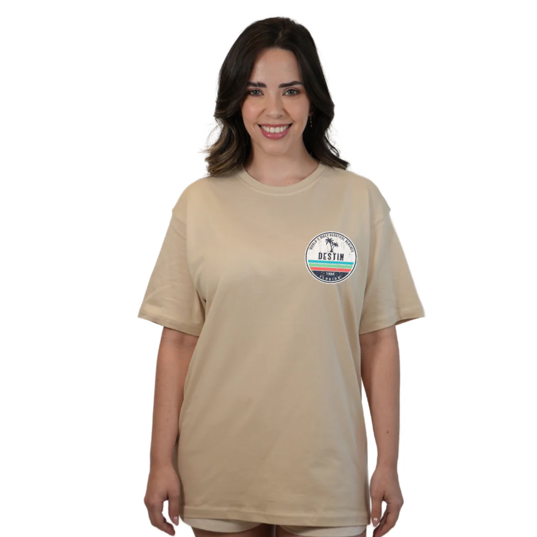 Destin Florida Combed Cotton Women T-Shirt with a Front Pocket Design and back big circle 2 Palm Trees 1915 Design Style CC1000 - Image 11