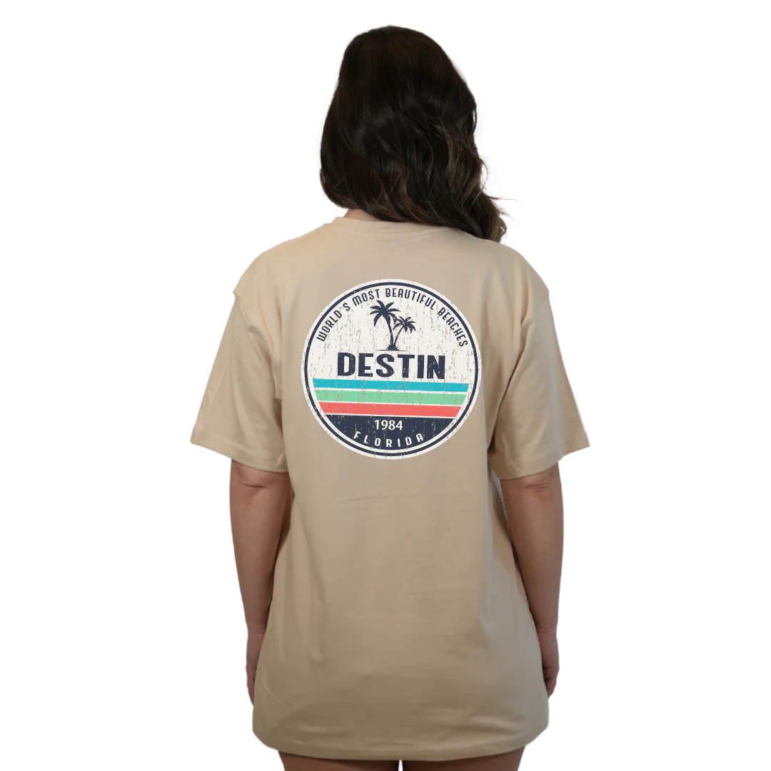 Destin Florida Combed Cotton Women T-Shirt with a Front Pocket Design and back big circle 2 Palm Trees 1915 Design Style CC1000 - Image 12
