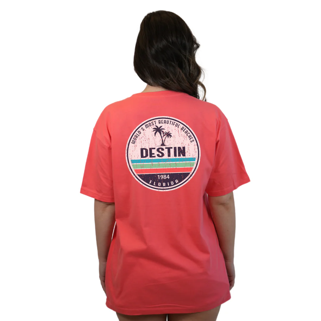 Destin Florida Combed Cotton Women T-Shirt with a Front Pocket Design and back big circle 2 Palm Trees 1915 Design Style CC1000 - Image 14