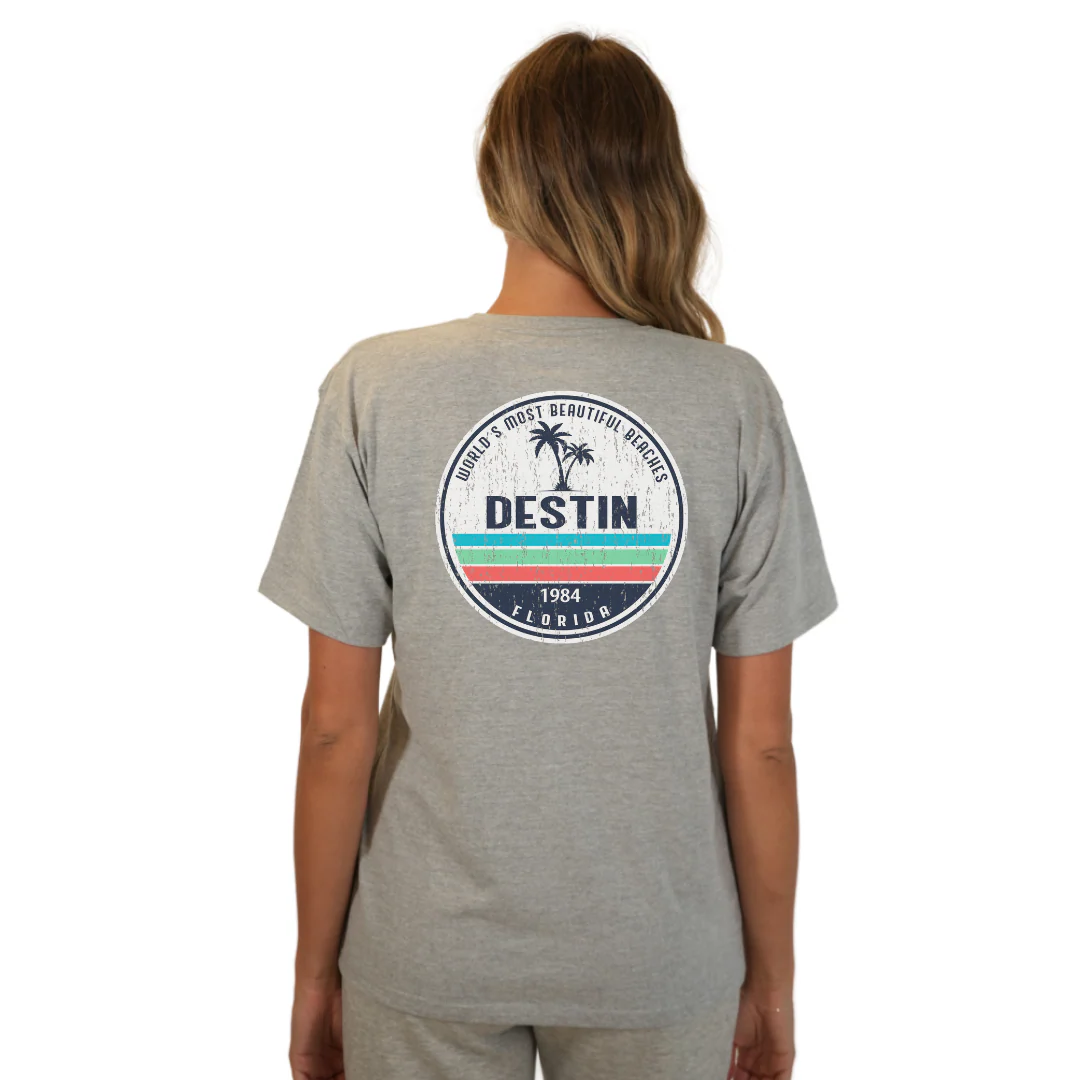 Destin Florida Combed Cotton Women T-Shirt with a Front Pocket Design and back big circle 2 Palm Trees 1915 Design Style CC1000 - Image 16
