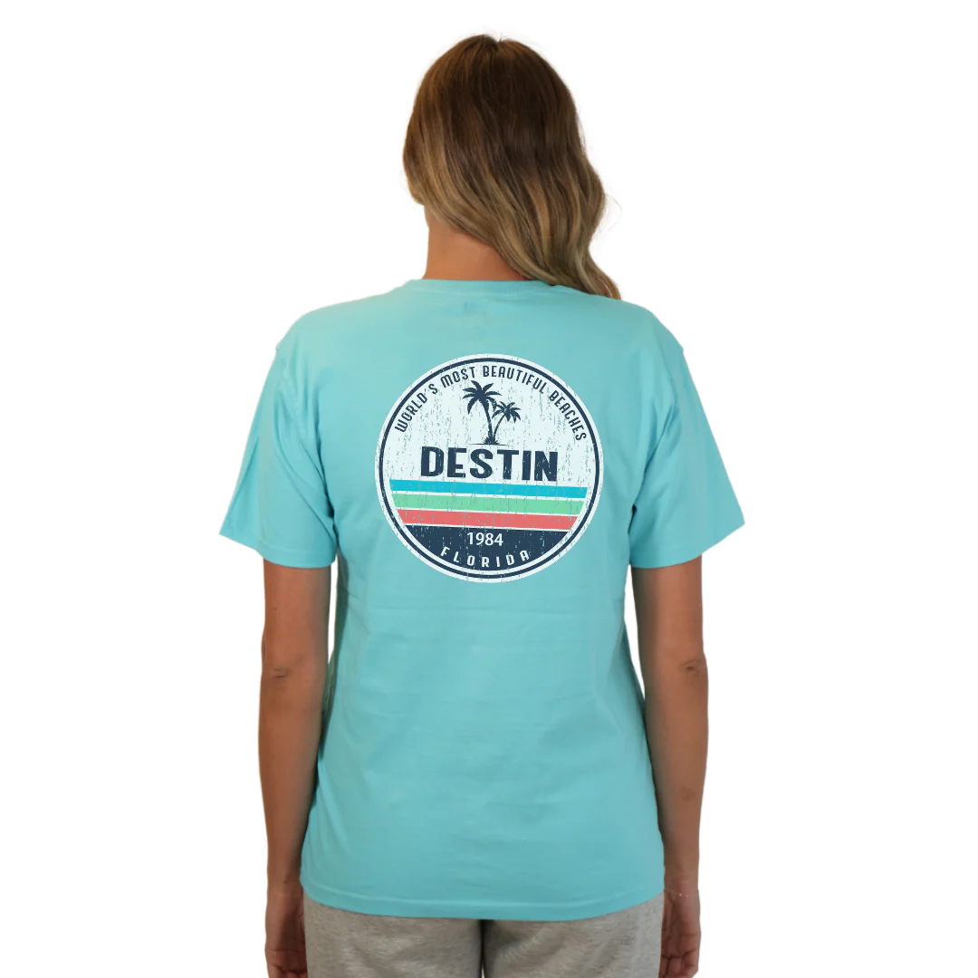 Destin Florida Combed Cotton Women T-Shirt with a Front Pocket Design and back big circle 2 Palm Trees 1915 Design Style CC1000 - Image 18