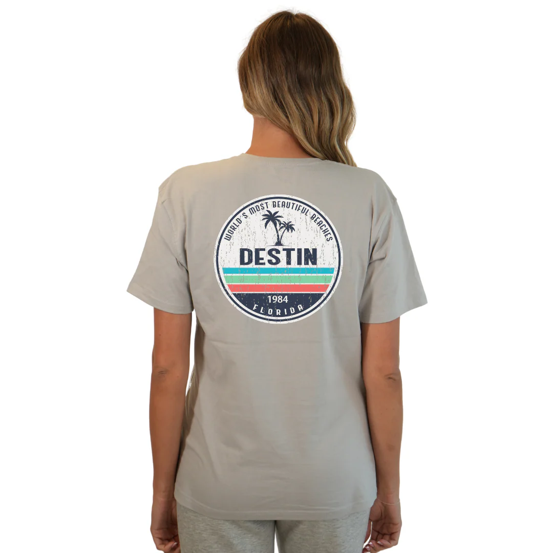 Destin Florida Combed Cotton Women T-Shirt with a Front Pocket Design and back big circle 2 Palm Trees 1915 Design Style CC1000 - Image 20
