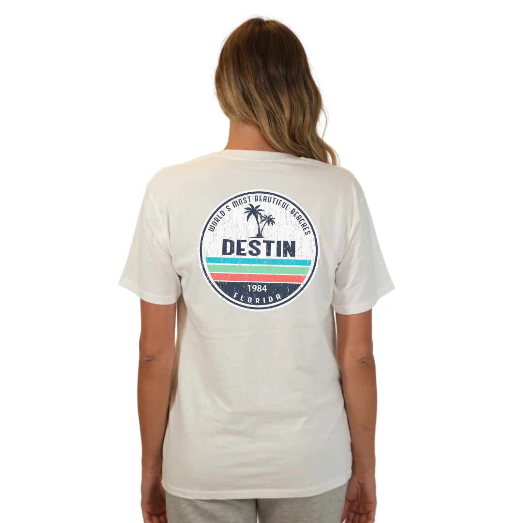 Destin Florida Combed Cotton Women T-Shirt with a Front Pocket Design and back big circle 2 Palm Trees 1915 Design Style CC1000 - Image 22
