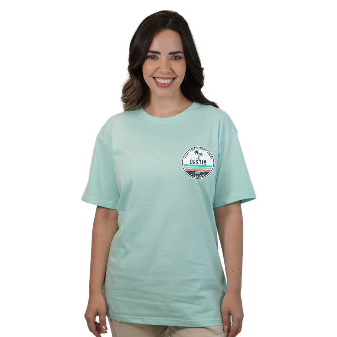 Destin Florida Combed Cotton Women T-Shirt with a Front Pocket Design and back big circle 2 Palm Trees 1915 Design Style CC1000 - Image 3