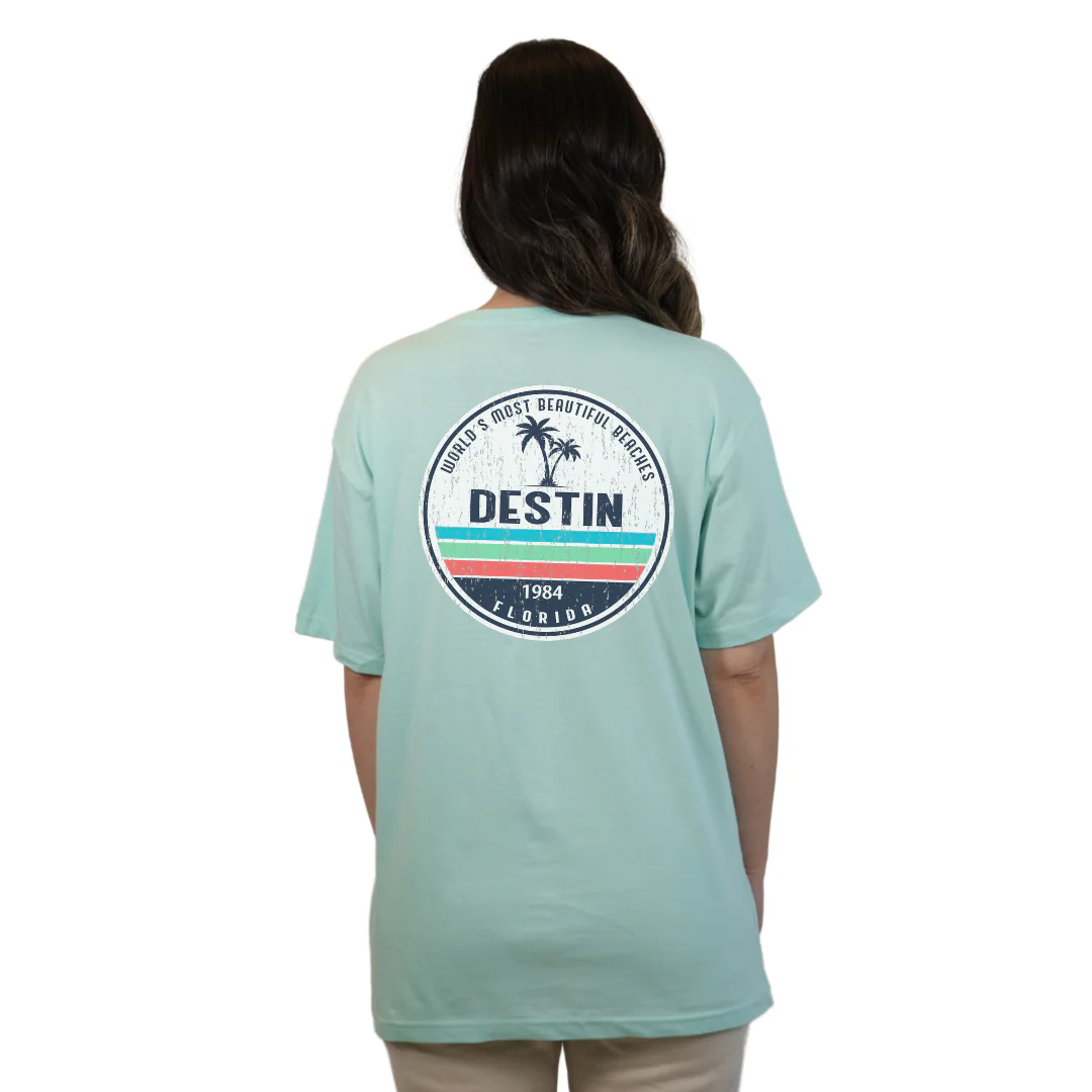 Destin Florida Combed Cotton Women T-Shirt with a Front Pocket Design and back big circle 2 Palm Trees 1915 Design Style CC1000 - Image 4