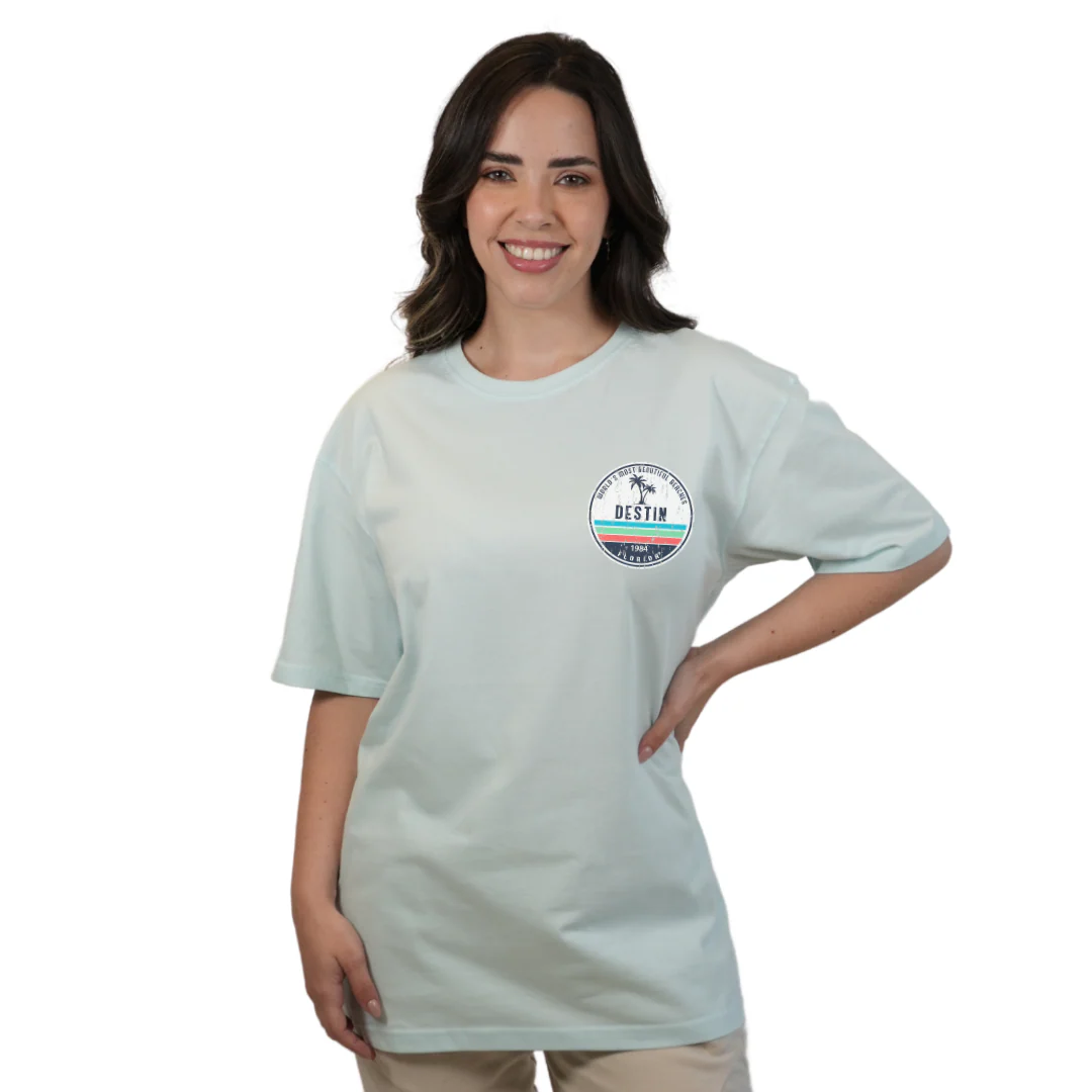Destin Florida Combed Cotton Women T-Shirt with a Front Pocket Design and back big circle 2 Palm Trees 1915 Design Style CC1000 - Image 5