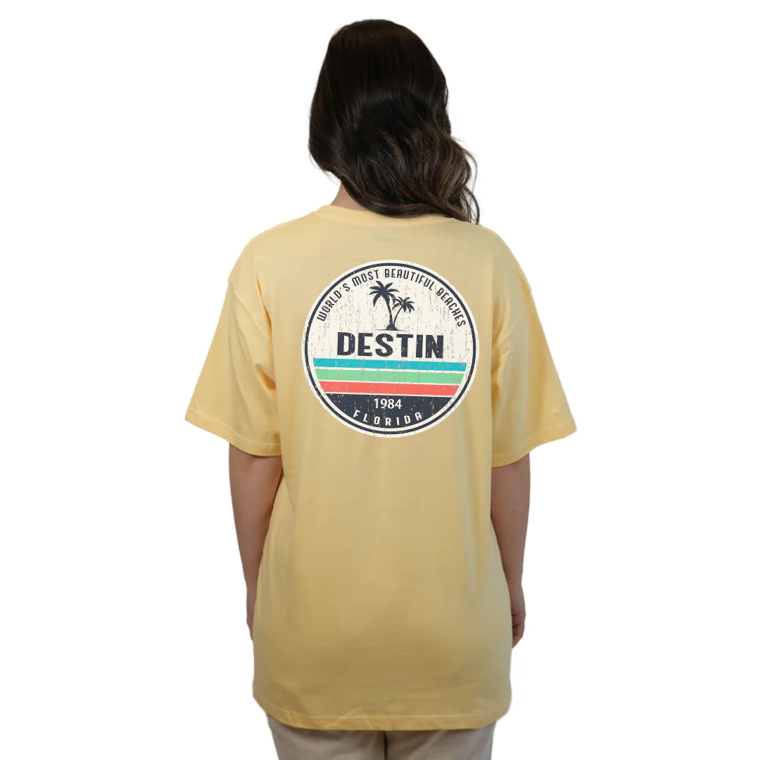 Destin Florida Combed Cotton Women T-Shirt with a Front Pocket Design and back big circle 2 Palm Trees 1915 Design Style CC1000 - Image 8