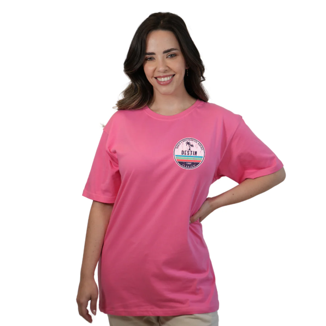 Destin Florida Combed Cotton Women T-Shirt with a Front Pocket Design and back big circle 2 Palm Trees 1915 Design Style CC1000 - Image 9