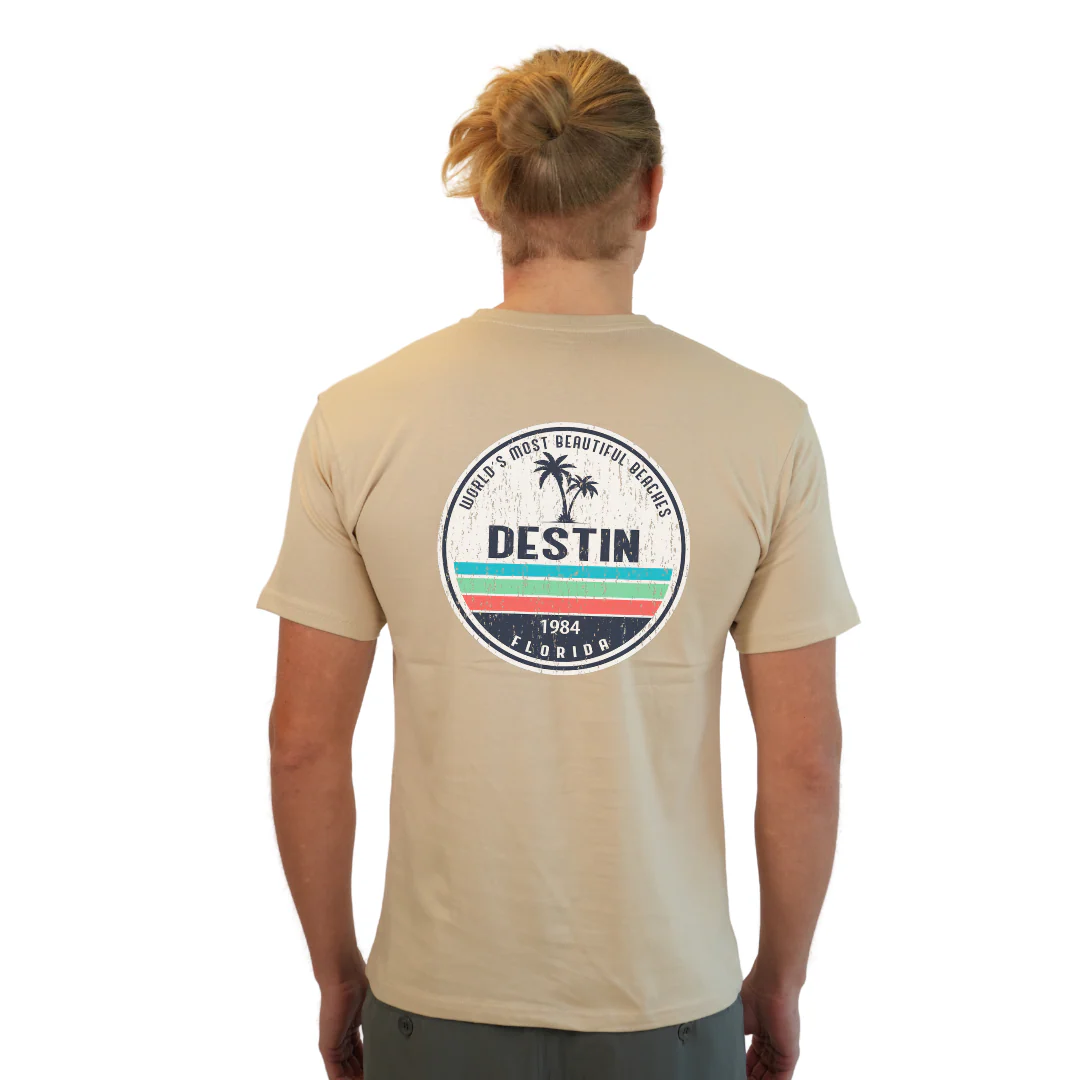 Destin Florida Combed Cotton Men T-Shirt with a Front Pocket Design and back big circle 2 Palm Trees 1915 Design Style CC1000 - Image 10