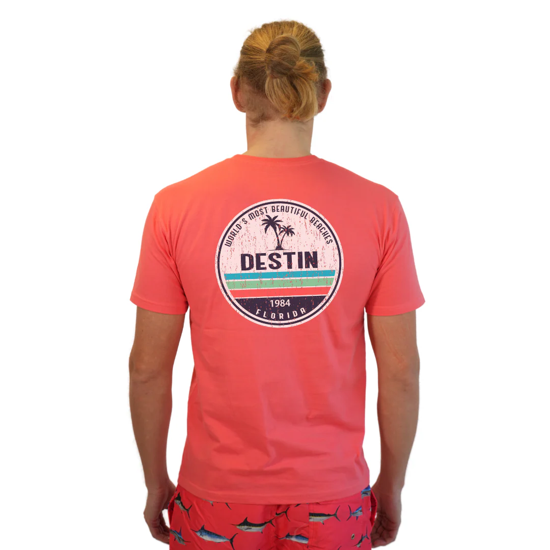 Destin Florida Combed Cotton Men T-Shirt with a Front Pocket Design and back big circle 2 Palm Trees 1915 Design Style CC1000 - Image 12