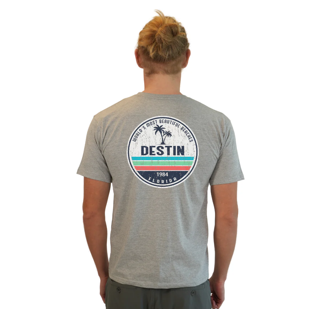 Destin Florida Combed Cotton Men T-Shirt with a Front Pocket Design and back big circle 2 Palm Trees 1915 Design Style CC1000 - Image 14