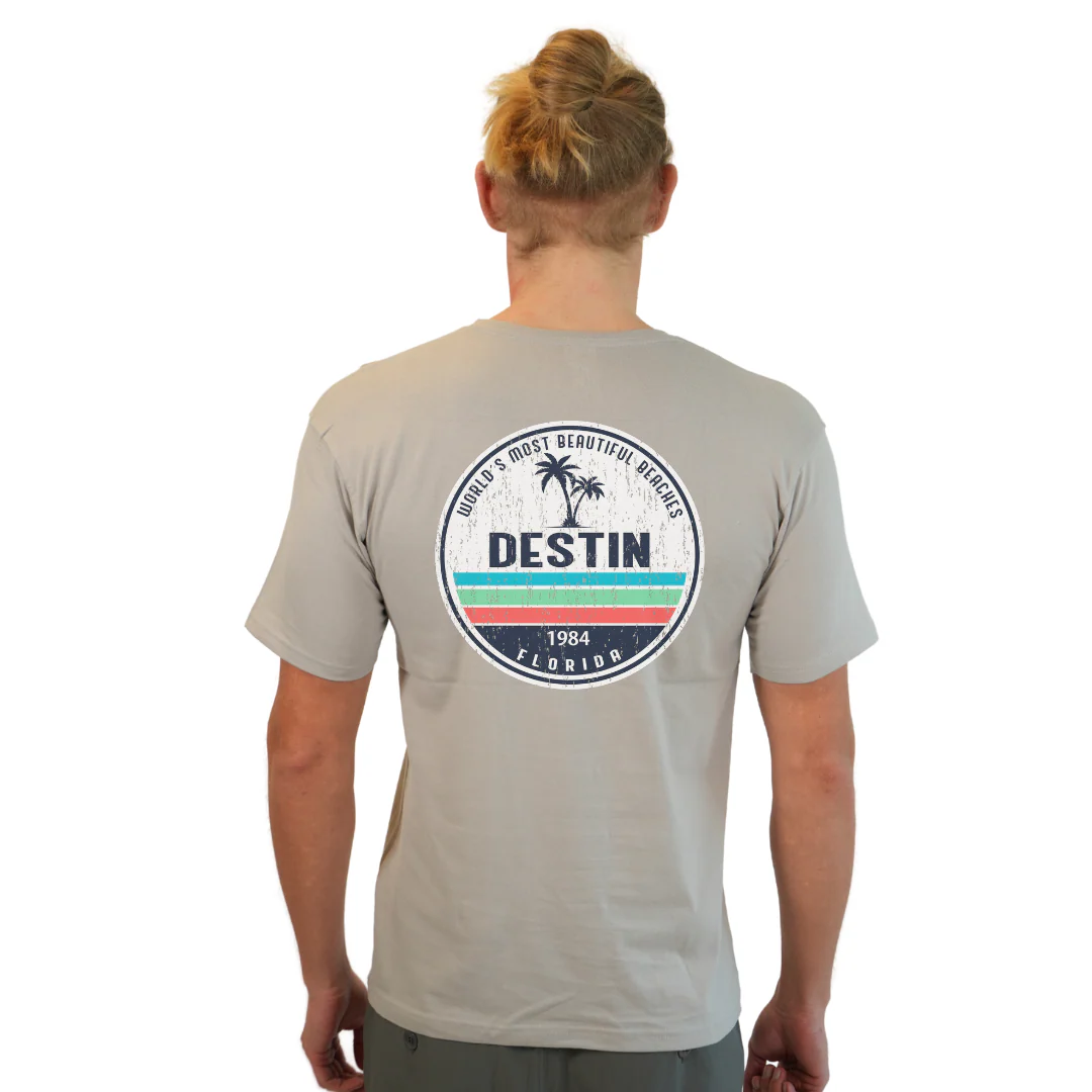 Destin Florida Combed Cotton Men T-Shirt with a Front Pocket Design and back big circle 2 Palm Trees 1915 Design Style CC1000 - Image 18