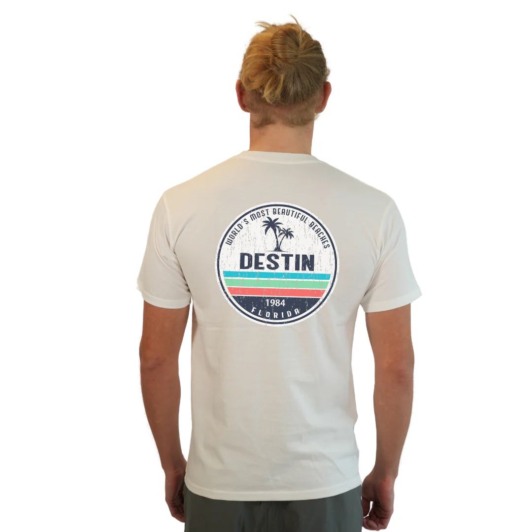 Destin Florida Combed Cotton Men T-Shirt with a Front Pocket Design and back big circle 2 Palm Trees 1915 Design Style CC1000 - Image 22