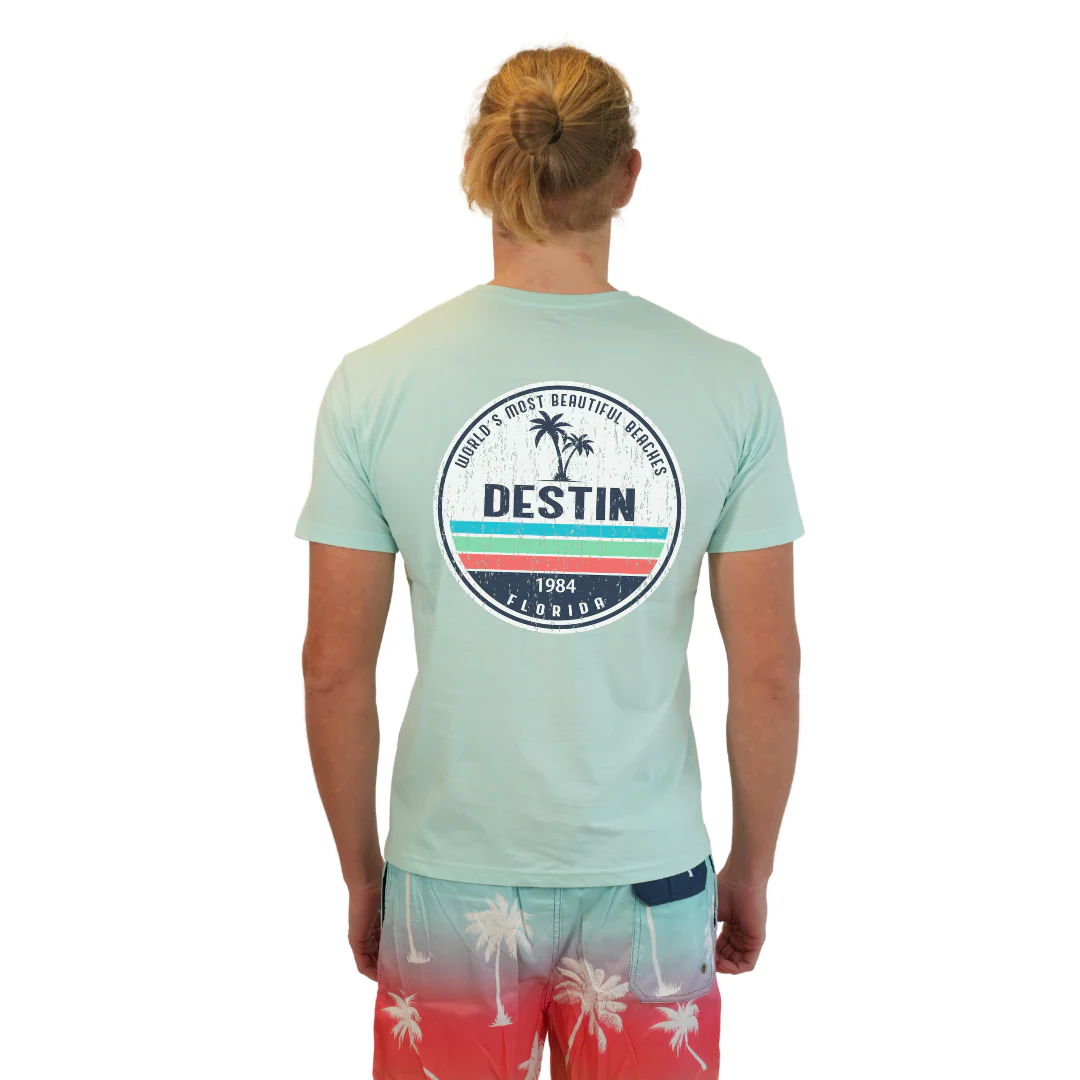 Destin Florida Combed Cotton Men T-Shirt with a Front Pocket Design and back big circle 2 Palm Trees 1915 Design Style CC1000 - Image 4