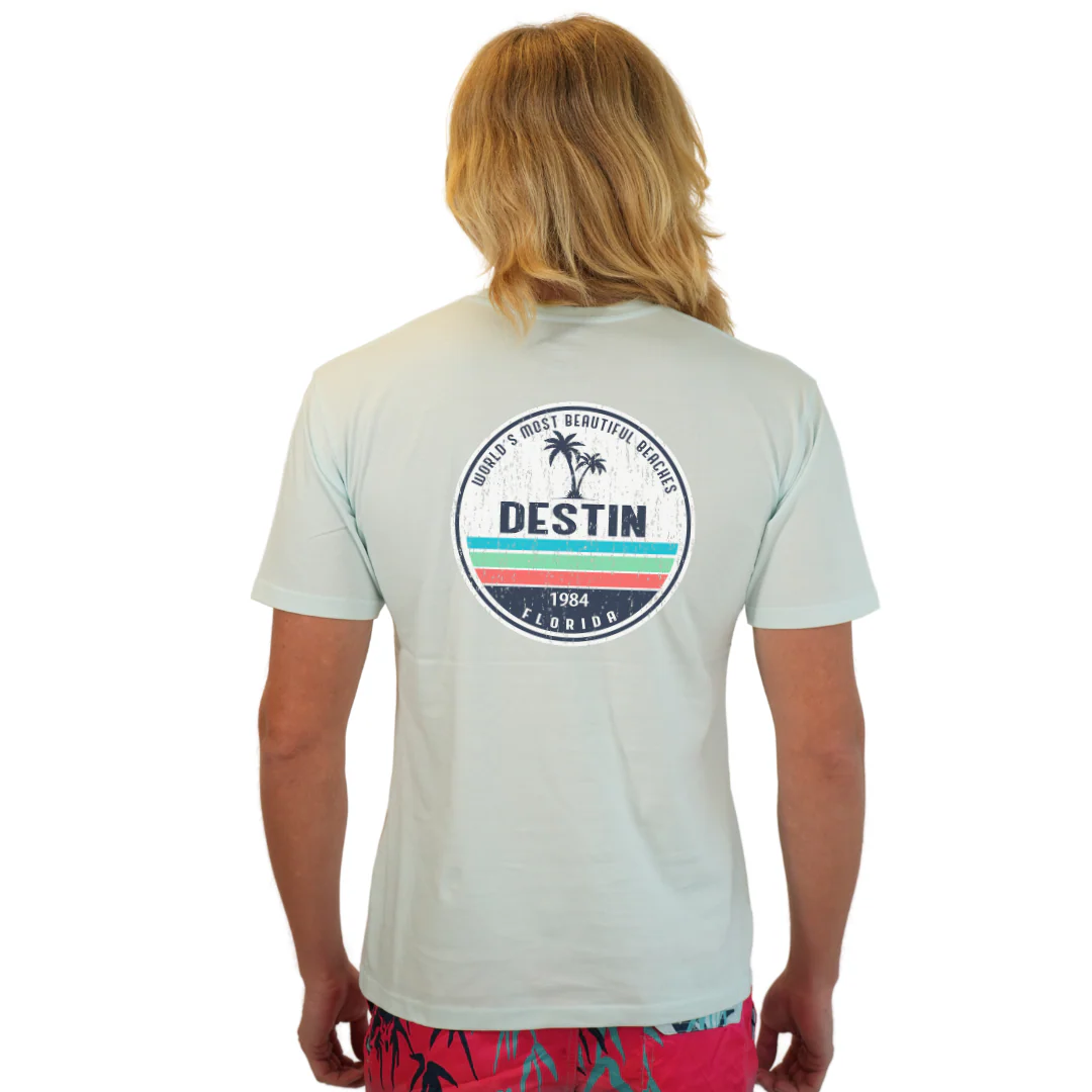 Destin Florida Combed Cotton Men T-Shirt with a Front Pocket Design and back big circle 2 Palm Trees 1915 Design Style CC1000 - Image 6
