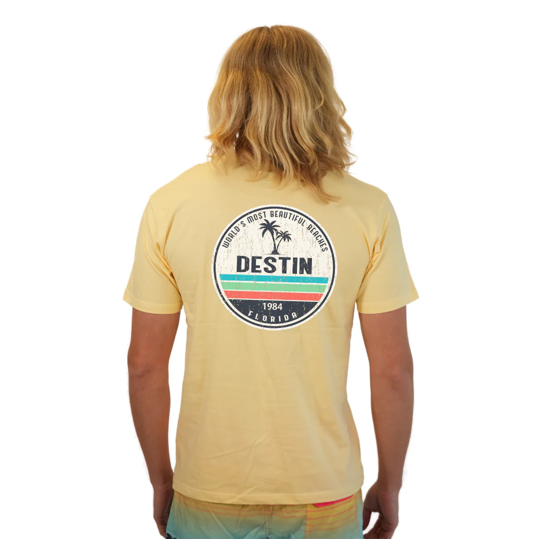 Destin Florida Combed Cotton Men T-Shirt with a Front Pocket Design and back big circle 2 Palm Trees 1915 Design Style CC1000 - Image 8