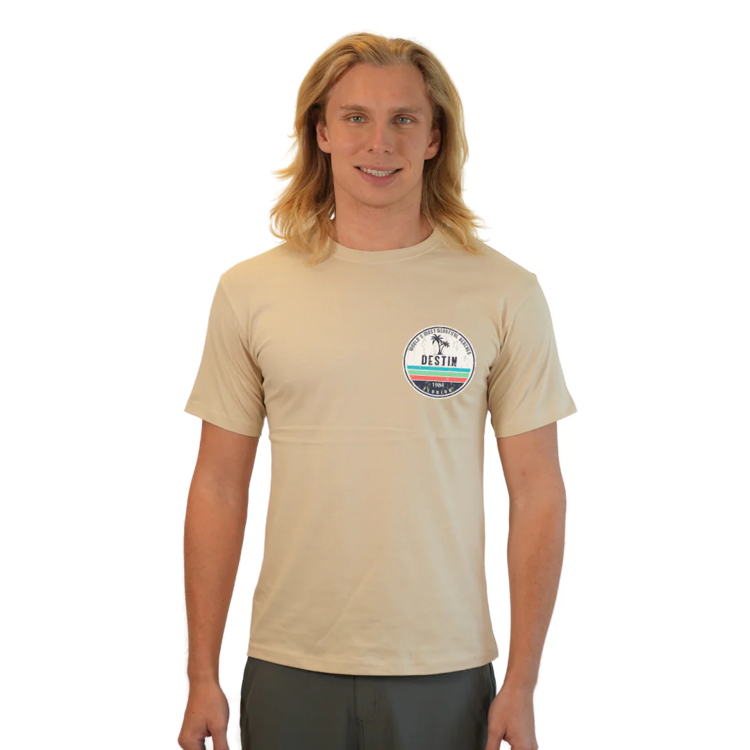 Destin Florida Combed Cotton Men T-Shirt with a Front Pocket Design and back big circle 2 Palm Trees 1915 Design Style CC1000 - Image 9