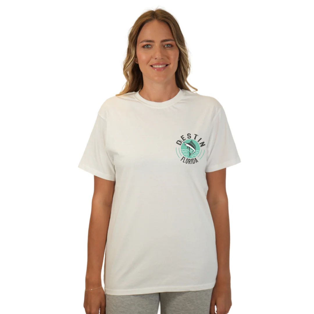 Destin Florida Combed Cotton Women T-Shirt with a Front Pocket Design and back big Marlin Design Style CC1000 - Image 11