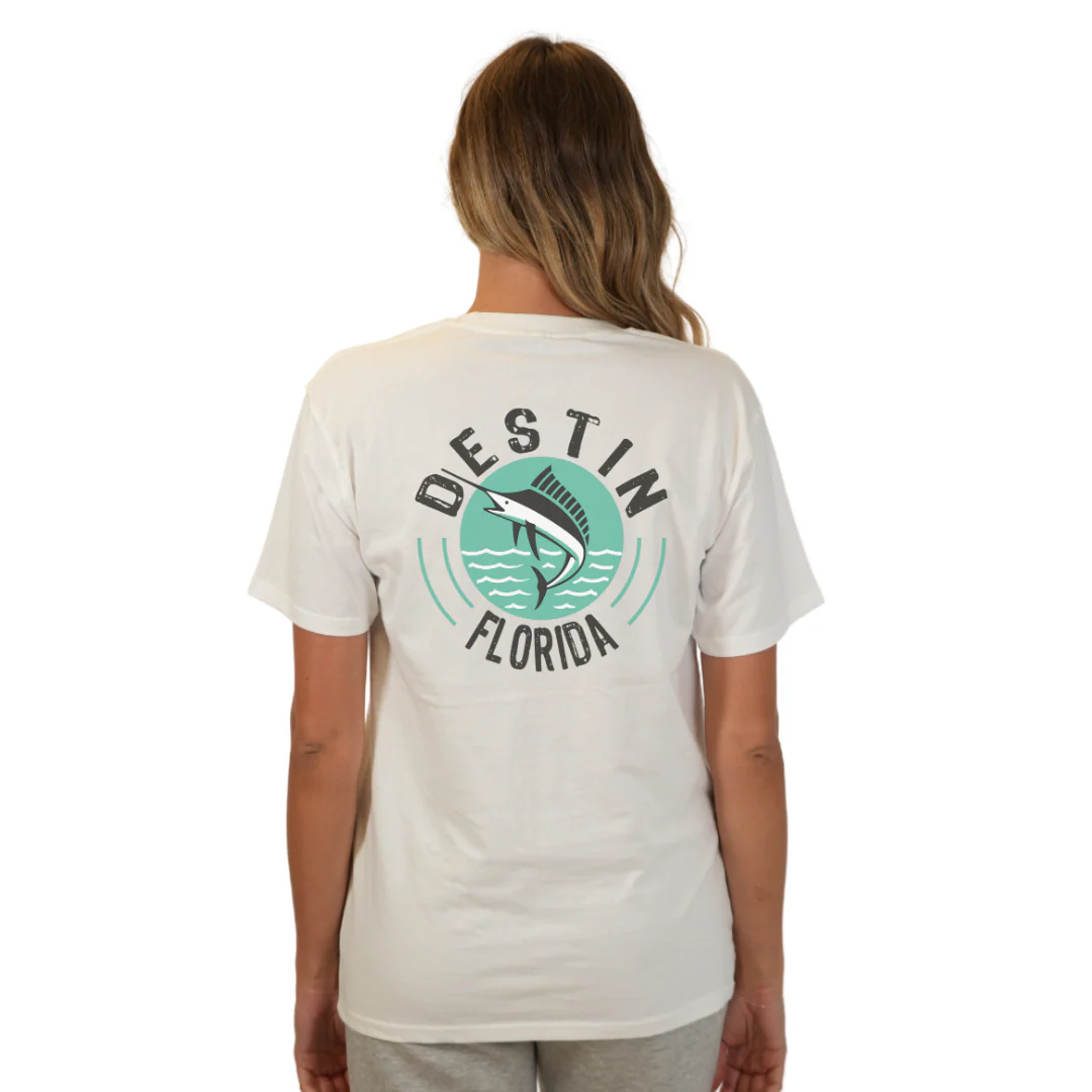 Destin Florida Combed Cotton Women T-Shirt with a Front Pocket Design and back big Marlin Design Style CC1000 - Image 12