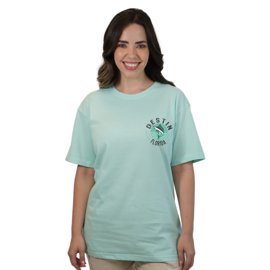 Destin Florida Combed Cotton Women T-Shirt with a Front Pocket Design and back big Marlin Design Style CC1000 - Image 3