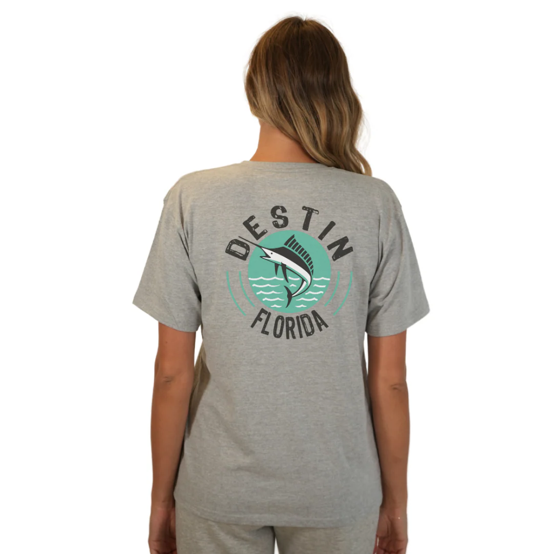 Destin Florida Combed Cotton Women T-Shirt with a Front Pocket Design and back big Marlin Design Style CC1000 - Image 6