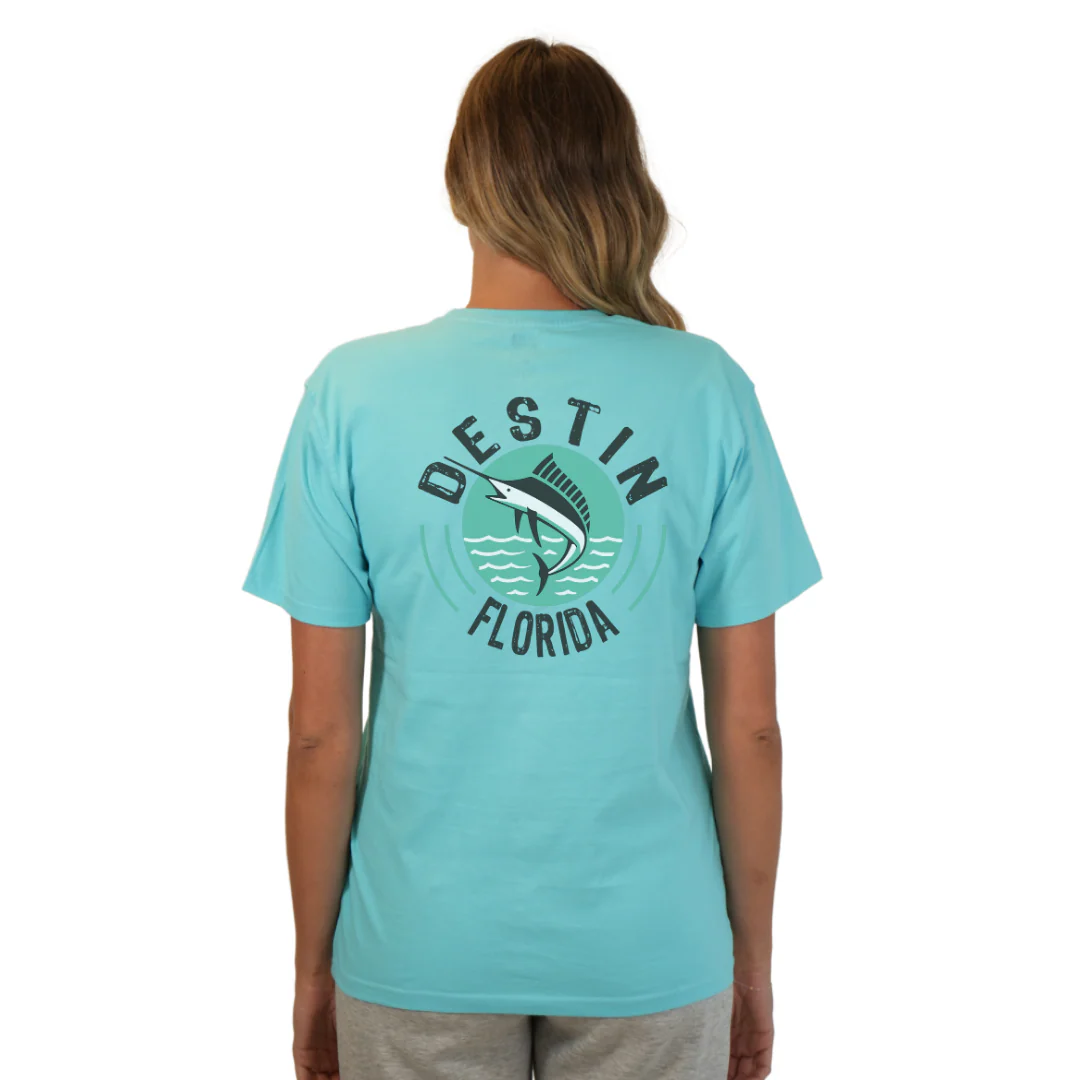 Destin Florida Combed Cotton Women T-Shirt with a Front Pocket Design and back big Marlin Design Style CC1000 - Image 8