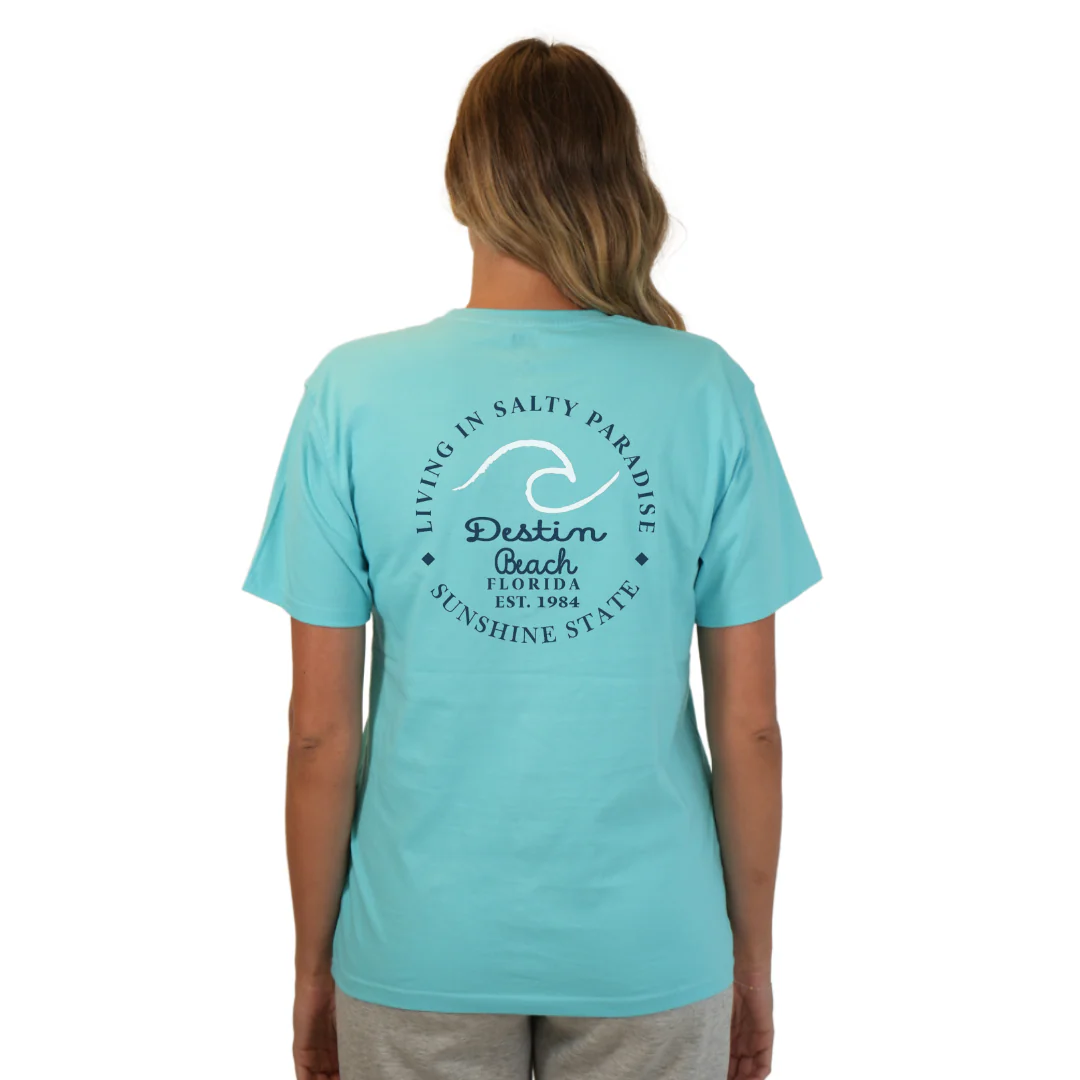 Destin Florida Combed Cotton Women T-Shirt with a Front Pocket Design and back "Living in Salty Paradise" Design Style CC1000 - Image 13