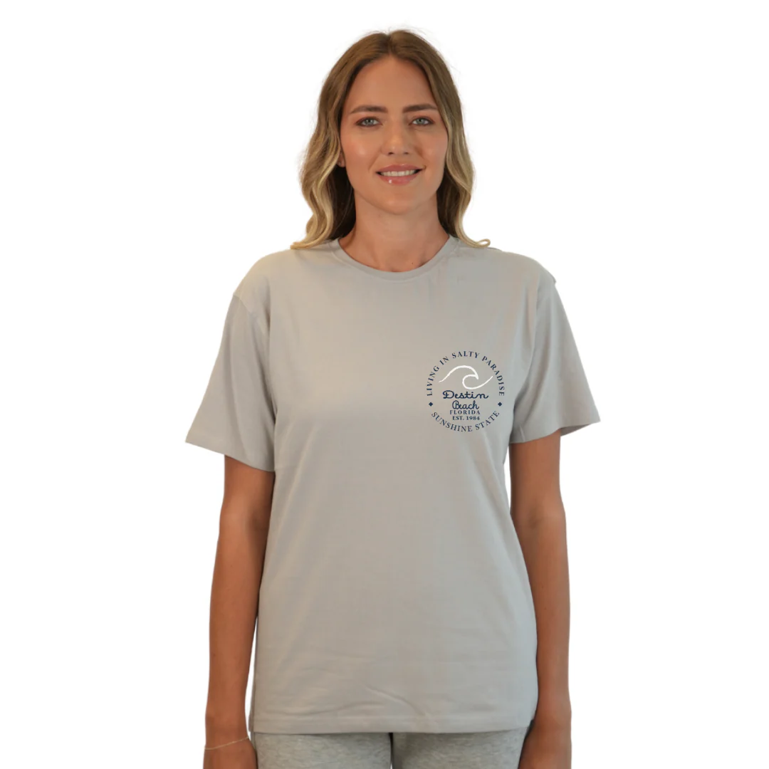 Destin Florida Combed Cotton Women T-Shirt with a Front Pocket Design and back "Living in Salty Paradise" Design Style CC1000 - Image 14