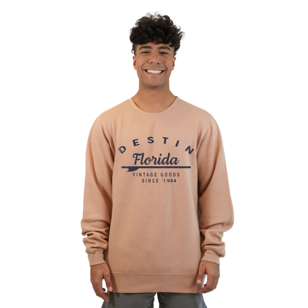 Destin Florida Fleece Crewneck Sweatshirt Men with a Front Arrow Vintage Goods Since 1984  Design Style 067 - Image 2
