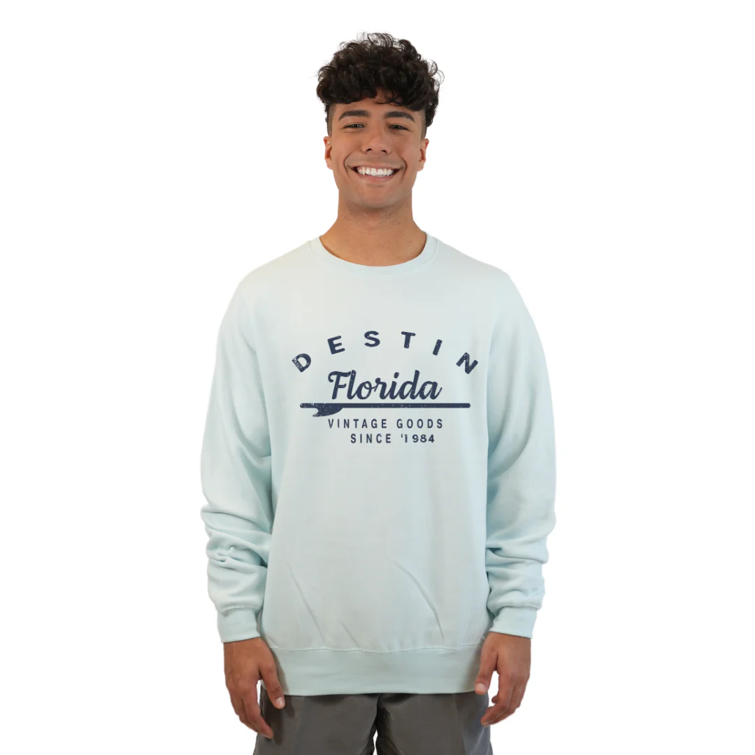 Destin Florida Fleece Crewneck Sweatshirt Men with a Front Arrow Vintage Goods Since 1984  Design Style 067 - Image 3