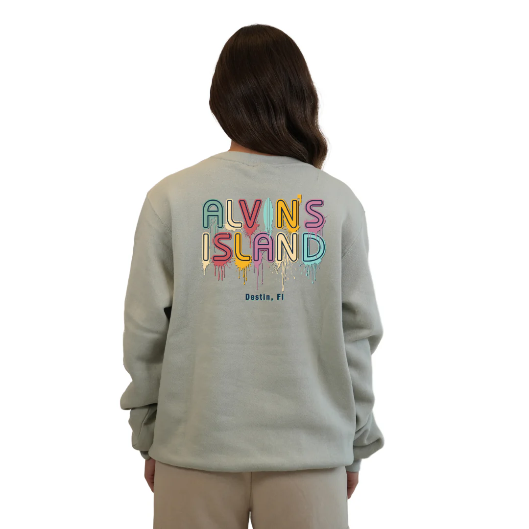 Destin Florida Fleece Crewneck Sweatshirt Women with a Alvin's island Drip Painting Design Style 067 - Image 2