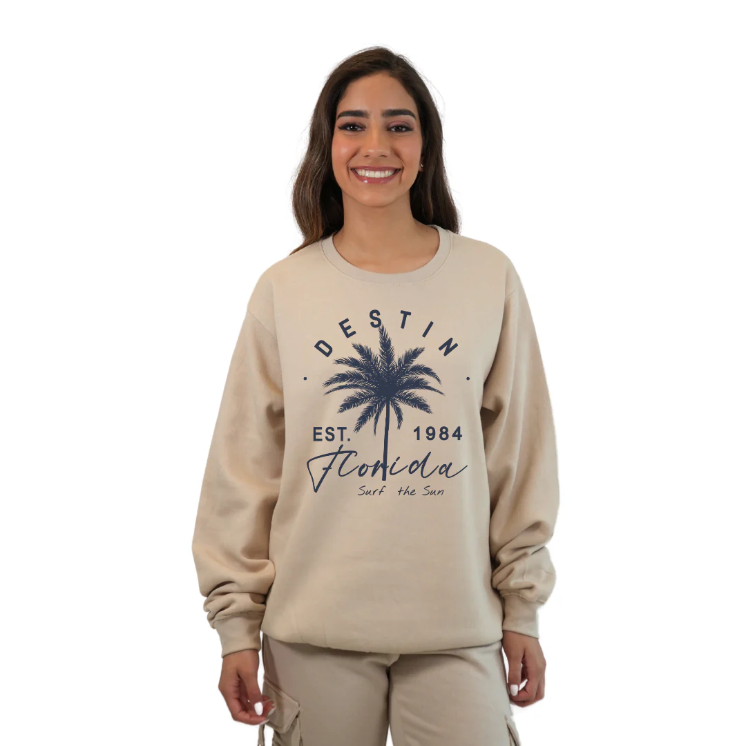 Destin Florida Fleece Crewneck Sweatshirt Women with a Front Palm Tree Est. 1984 Design Style 067 - Image 2